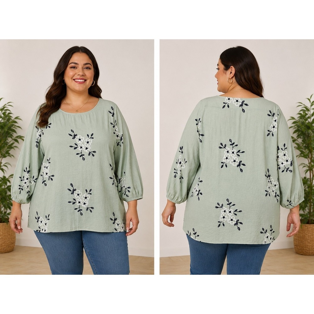 Kindred Anthropologie‎ Embroidered Floral Tunic Top Women's 2X Sage Green Boho